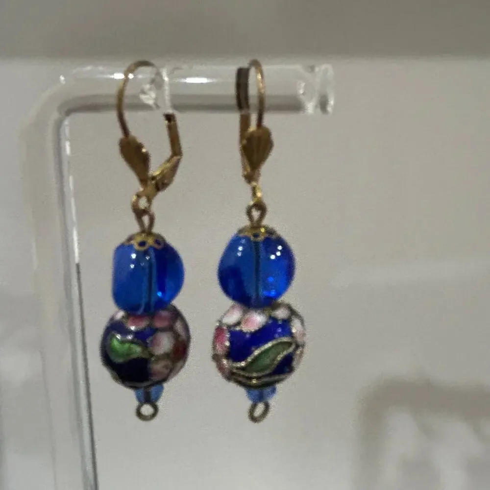 Cloisonne dangle pierced earings blue glass enamal gold deco